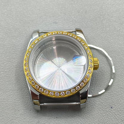 36mm Rose Gold Diamond Steel Watch Case with Magnifier for NH35/36 Sapphire Crystal