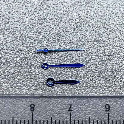 Blue 11mm arrow watch hands set, no lume, compatible with Miyota 2035 movement, brand quality.