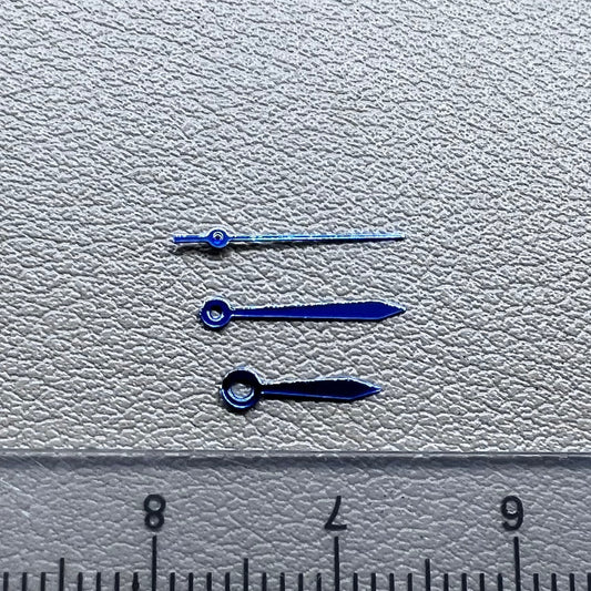 Blue 11mm arrow watch hands set, no lume, compatible with Miyota 2035 movement, brand quality.