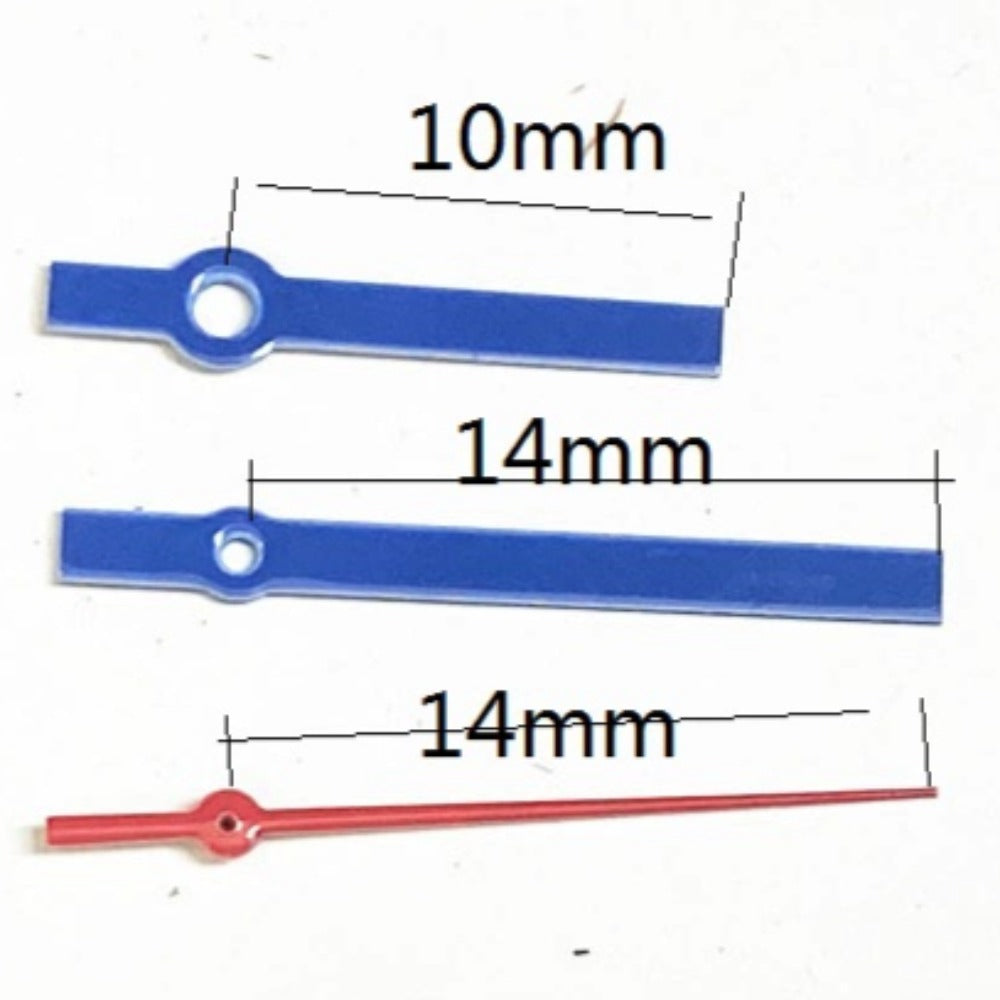Blue and red painted square pointed watch hands, compatible with Ronda 515 quartz movement.