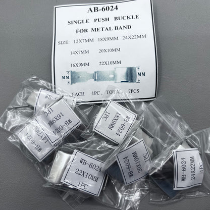 Seven sizes of Metan single push watch buckles for secure watch band fastening.