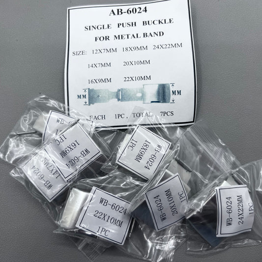 Seven sizes of Metan single push watch buckles for secure watch band fastening.
