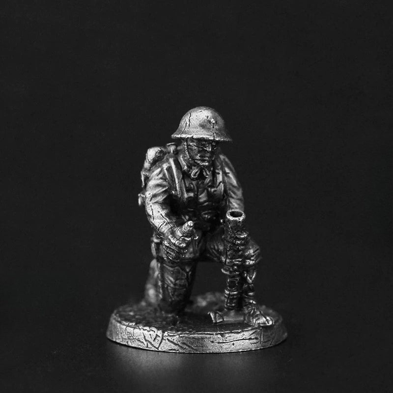 White Brass Figurine WWII Mortar Crewman Miniature - Kneeling Light Mortar Figure