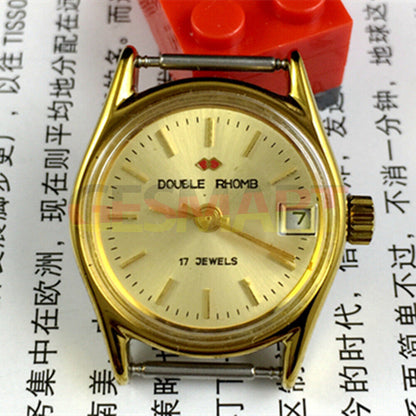 Beijing Double Rhomb lady watch with black dial, manual mechanical movement, and single calendar date display.