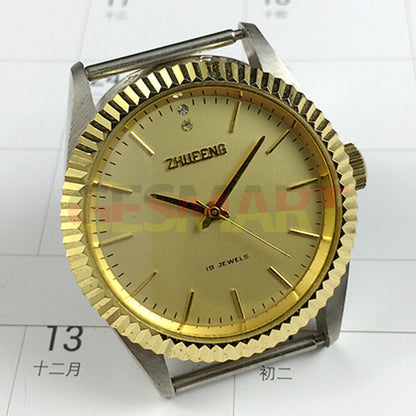 Zhufeng 36mm manual mechanical watch with golden round case, nail hour markers, and elegant two-hand design for classic style.