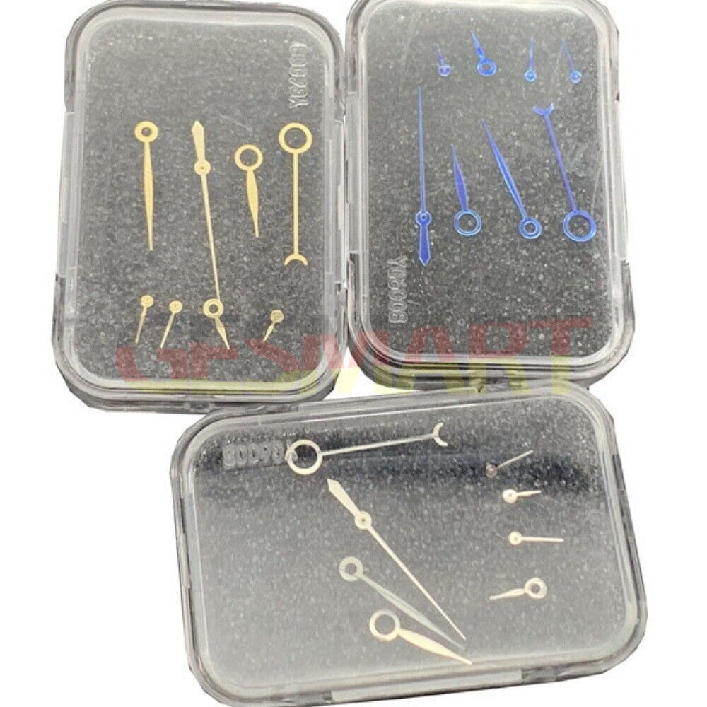 Blue, silver, and gold watch hands set compatible with ETA7751 movement, precision watch repair part.