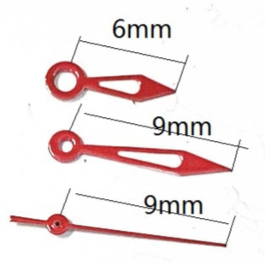 9mm red arrow-shaped watch hands with trim, compatible with Miyota 2035 quartz movement, precision fit.