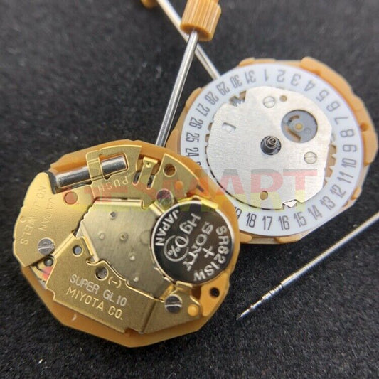 Miyota GL10 Japan quartz watch movement displaying date at 6 o'clock position, precision timekeeping