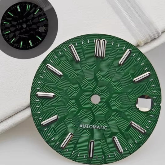 Green 28.5mm silver nail-style lume dial, no logo, compatible with NH35 NH36 movements