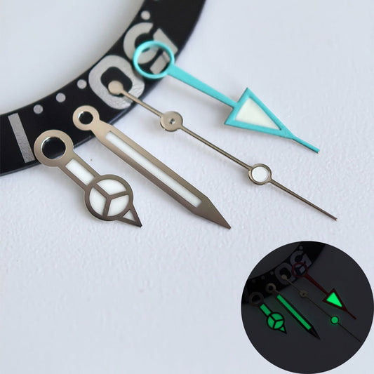 Green lume blue GMT watch hands with silver trim for NH34 movement, enhancing visibility and style.