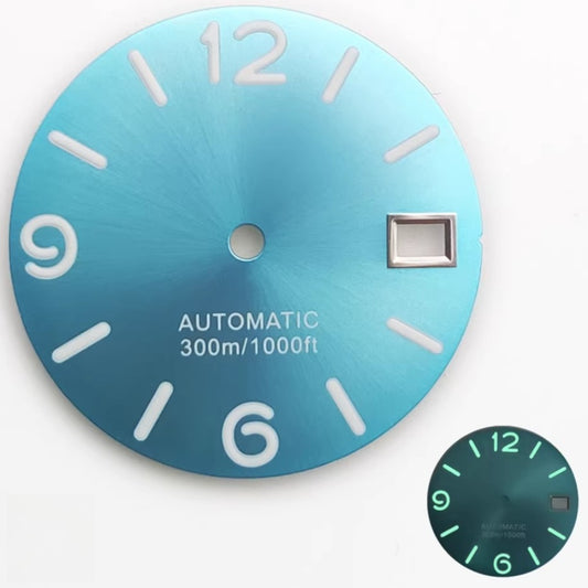 28.5mm White Font Sky Blue Watch Dial Fit for NH35 NH36 Green Lume 300m