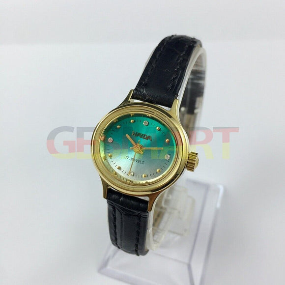 HAIDA Manual Mechanical Lady Watch Golden Nail 17 Jews Gradient Green Dial Oval