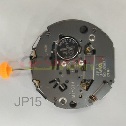 Miyota JP15 quartz watch movement with date display at 3 o'clock for precise timekeeping.