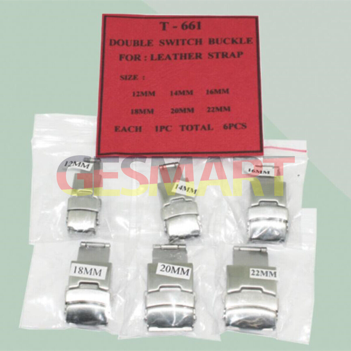 Set of 6 double switch watch buckles, 12-22mm, ideal for leather watch straps, durable and stylish.