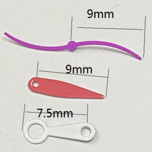 White and red watch hands for Miyota 2035 movement, stylish 9x9x7.5mm size