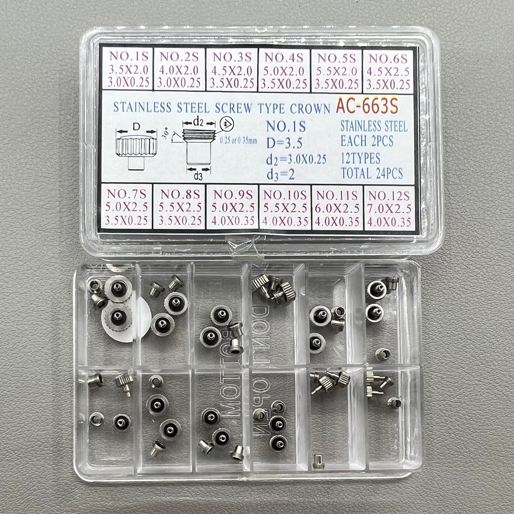 1. Set of 2 stainless steel screw crowns, 12 types, for watch accessories.