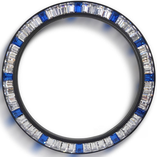 Daytona T-Shaped Square Moissanite Inclined Silver+Blue Watch Bezel Black Base
