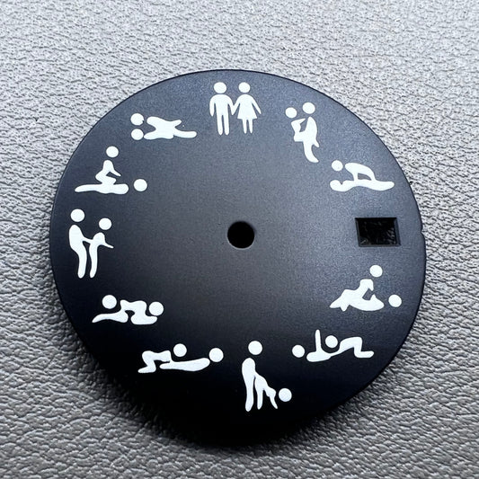 Black 28.5mm watch dial with green lume, designed for NH35 NH36 movements, perfect for adult love posture watches.