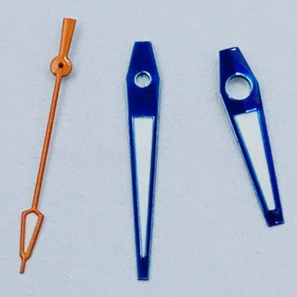 Blue trim lume orange second hands set for NH34/35/36 watches, precise and luminous.