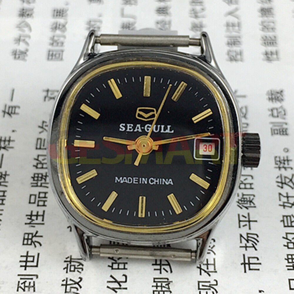 Seagull 26mm black square ladies watch with manual movement and single date display, elegant design.