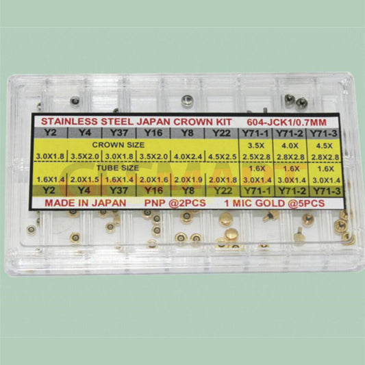 Assorted 63-piece Japan stainless steel watch crowns in gold and silver, DIA 0.7mm for watch repair.