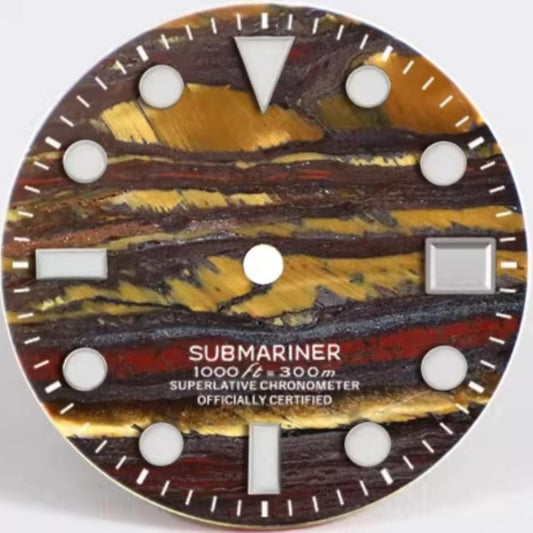 Tiger's Eye stone watch dial 28.5mm, NH35 SUB blue lume, elegant watch accessory