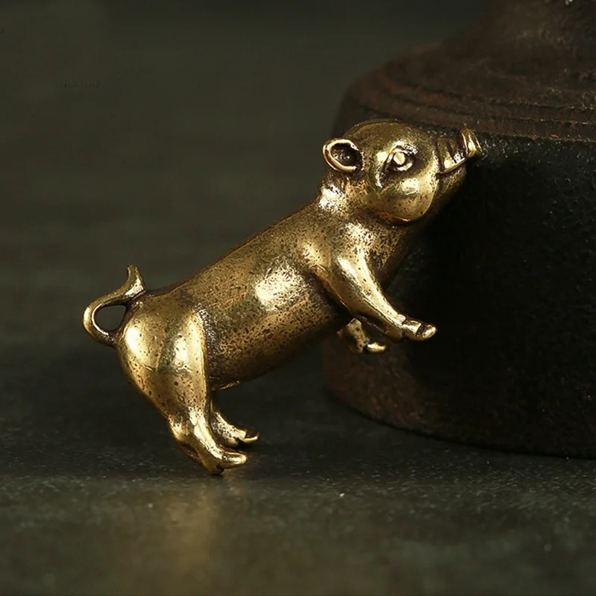 Hand-carved vintage solid copper pig figurine, perfect bronze model for watch accessory display.