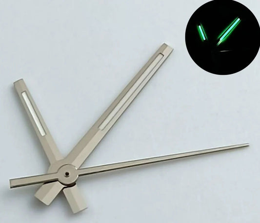 Green lume watch hands with matted silver trim for NH35, NH36, 7S26, NH70, NH72 movements.