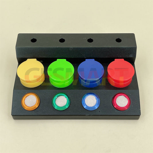 Black oil cup stand with 4 containers featuring colorful plastic covers for watch repair tools.