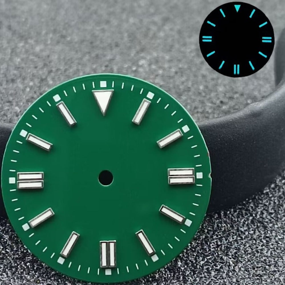 Green 28.5mm watch dial with blue luminous markers and silver nails for NH35/8215 ETA2836 movements.