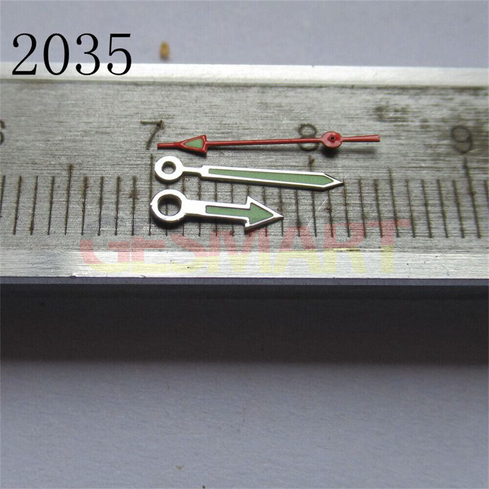 Arrow-shaped green luminous watch hands set for Miyota 2035, 2115, 2105, 2305 movements.