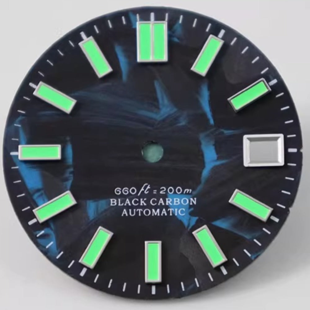 Green painted C9 Lume watch dial, 28.5mm carbon fiber design, compatible with NH34 NH35 movements.