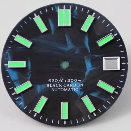 Green painted C9 Lume watch dial, 28.5mm carbon fiber design, compatible with NH34 NH35 movements.