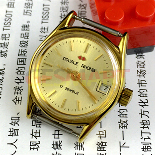 Beijing Double Rhomb manual mechanical lady watch with black dial and single calendar date display.