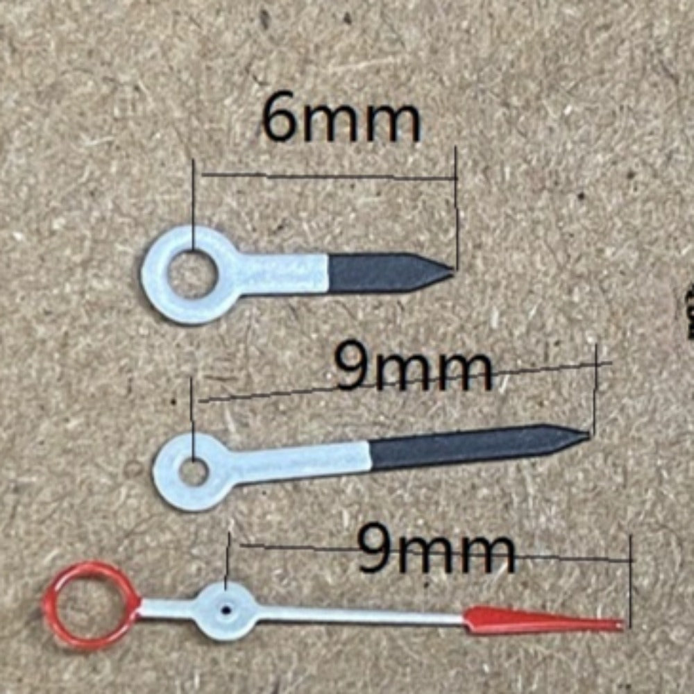 9mm Black and White Arrow-Shaped Watch Hands by Ronda, ideal for 515 Quartz Movement upgrades.