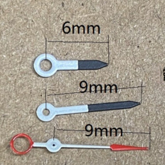 9mm Black and White Arrow-Shaped Watch Hands by Ronda, ideal for 515 Quartz Movement upgrades.