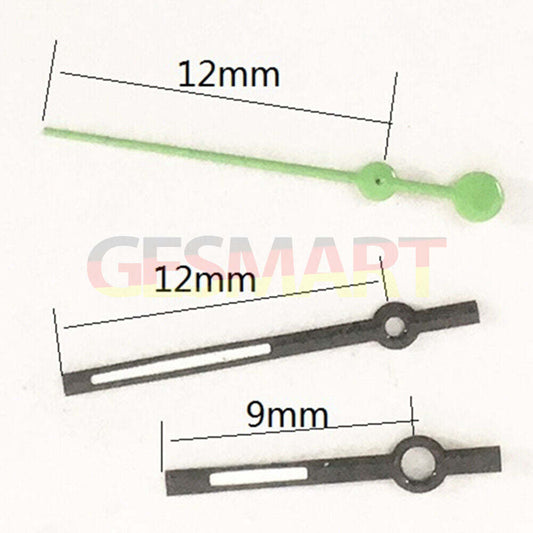 Aiguilles de montre noires et vertes de 12 mm pour mouvement à quartz Miyota 7T35