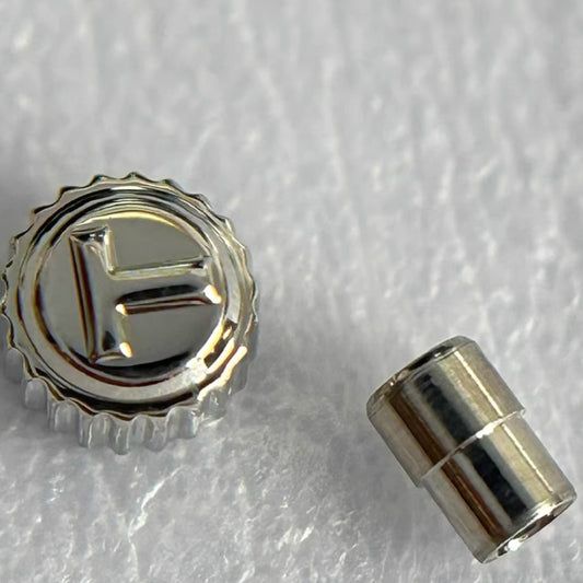 Steel silver small watch crown for Tissot T95, ideal replacement part for watch repair and restoration.