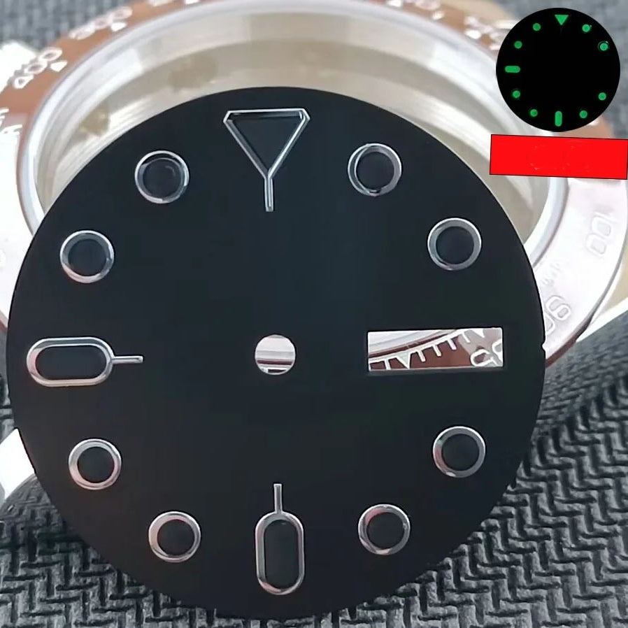 28.5mm black SKX007 dial with green lume and silver markers. Perfect for NH36 watch upgrade.