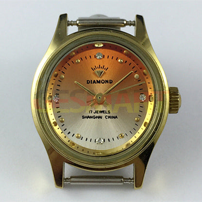 Shanghai Diamond 25mm lady watch with orange oval dial, manual mechanical movement, 17 jewels.