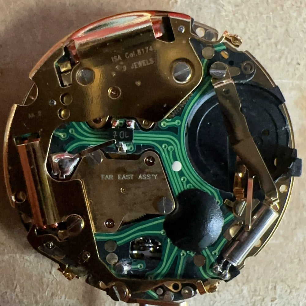 Swiss Made ISA 8174 quartz golden watch part with 6 hands, high precision replacement accessory.