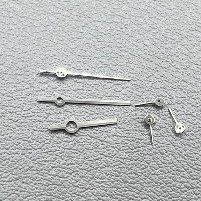 Silver watch hands set compatible with Ronda 5030.D quartz movement, precision timepiece parts.