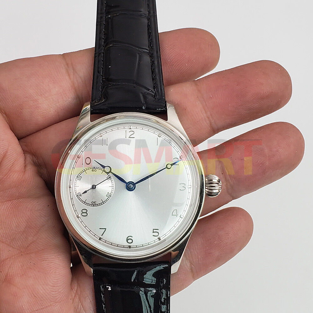 42mm Seagull ST3600 men's watch with manual chain-up mechanical movement and white dial.