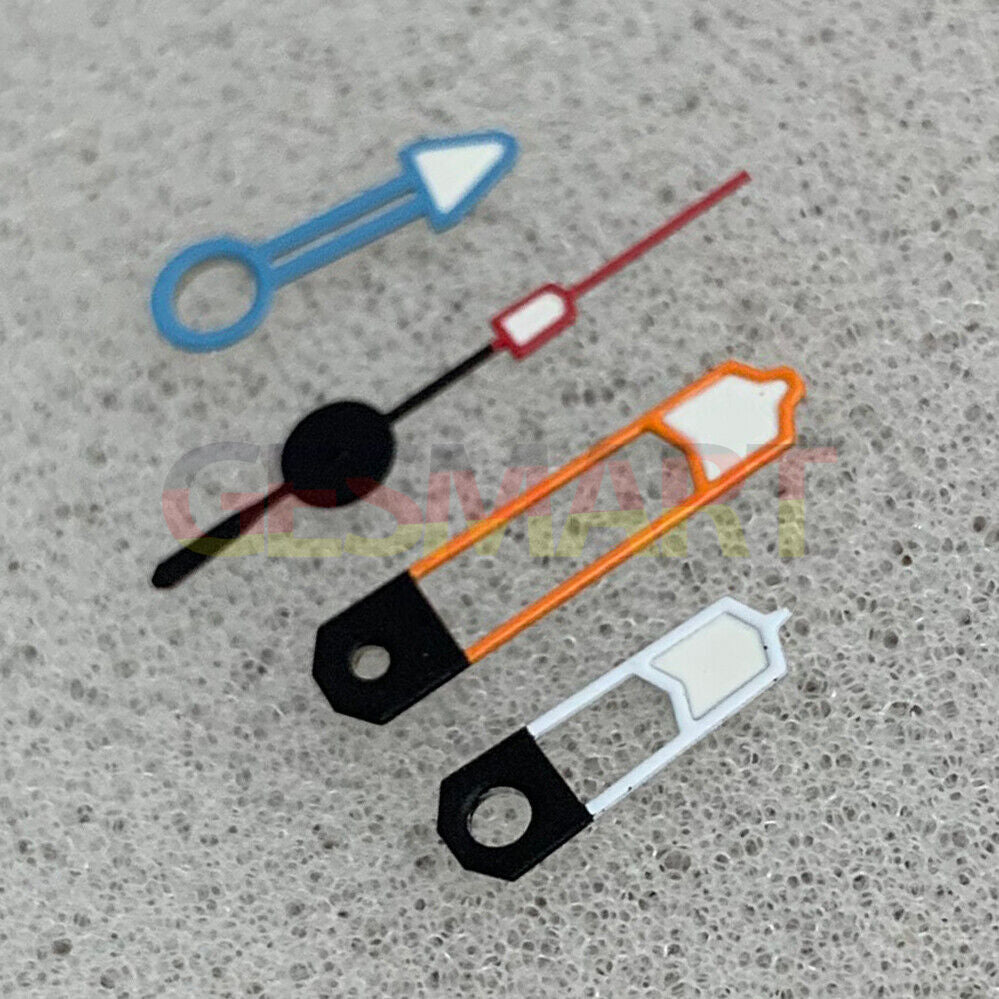 GMT Arrow watch hands with colorful trim and green lume, compatible with NH34 movement for precision timekeeping.