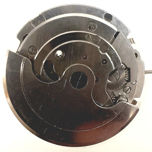 Silver automatic mechanical watch with moonphase at 12, bare balance wheel visible - China made timepiece.