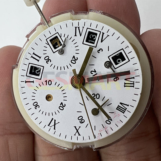 China Made 7750 GMT watch movement showing 3 hands and small second at 9, automatic mechanical precision.