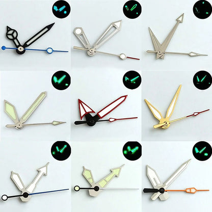 Pointer watch hands in green and blue with Super Luminous finish, compatible with NH 35 NH36 movements by Pointer.