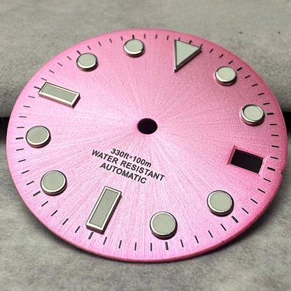 28.5mm Pink Watch Dial Date Window Green Luminous Fit NH35 /NH36/4R/7S Movement
