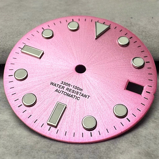 28.5mm Pink Watch Dial Date Window Green Luminous Fit NH35 /NH36/4R/7S Movement