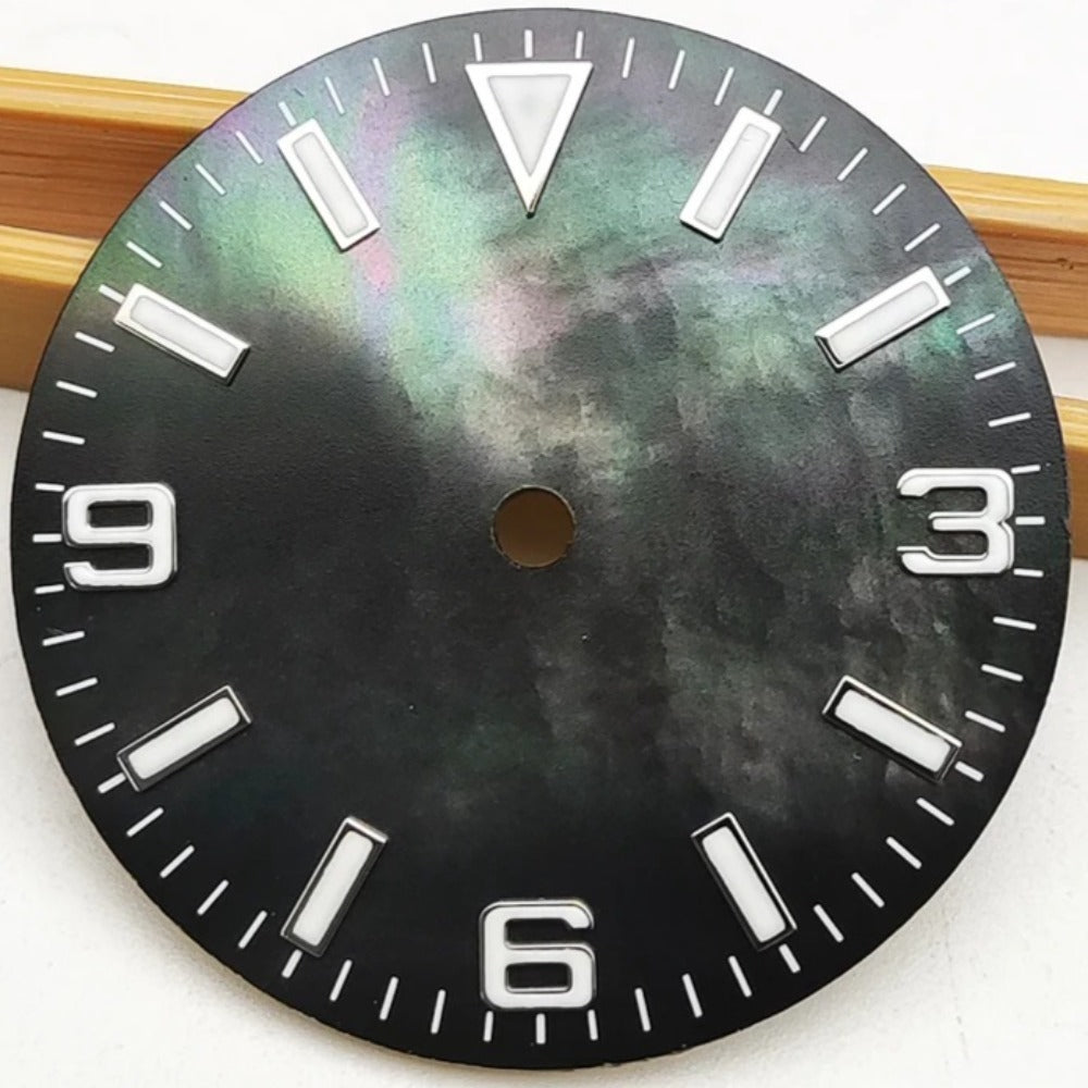Modified 28.5mm Black Natural Shell Watch Dial Green Luminous Fit for NH35 NH36 Movement